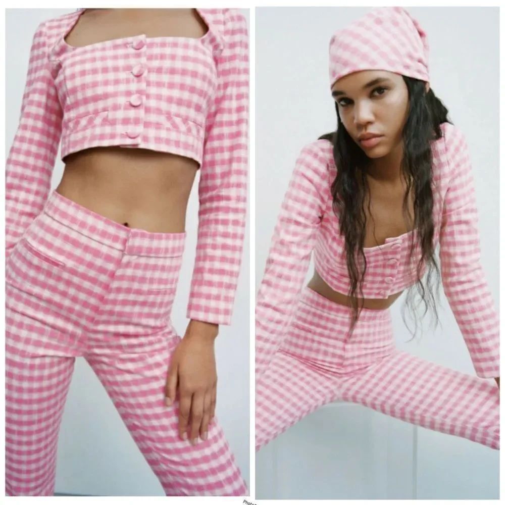 Zara Pink Plaid Gingham Checkered Cotton Crop Top